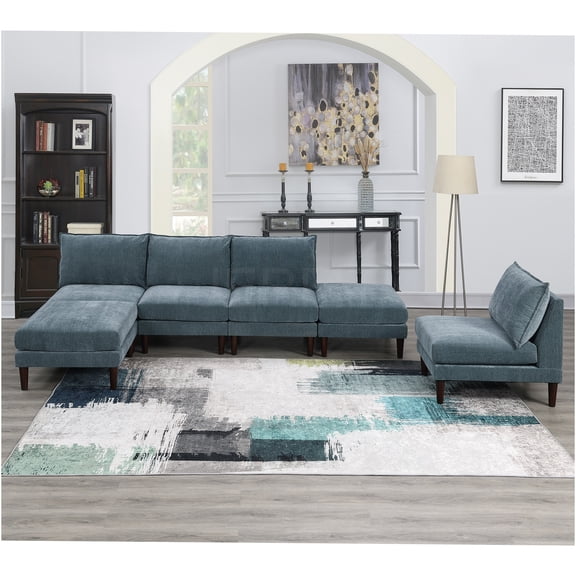 JERFIT 6-Piece Modular Sectional Sofa Set with Ottomans, Modern Convertible Fabric Couch for Living Room, Grayish