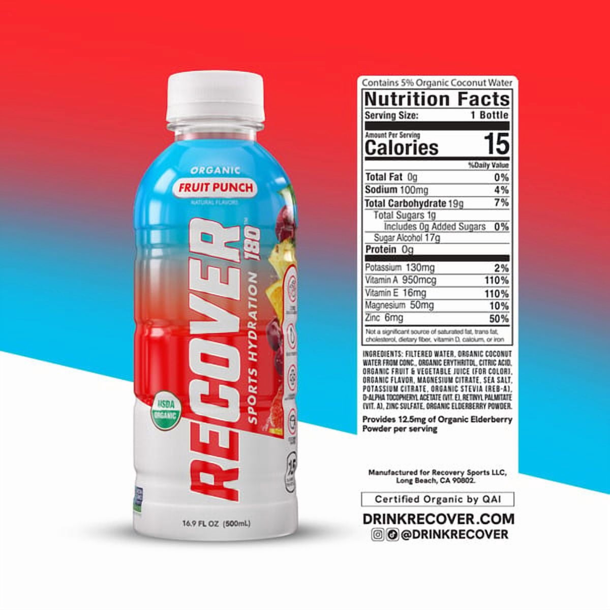 RECOVER 180° Organic Fruit Punch Hydration Drink, 16.9 fl oz Bottles, 8 Pack Electrolyte-Enhanced Recovery Beverage