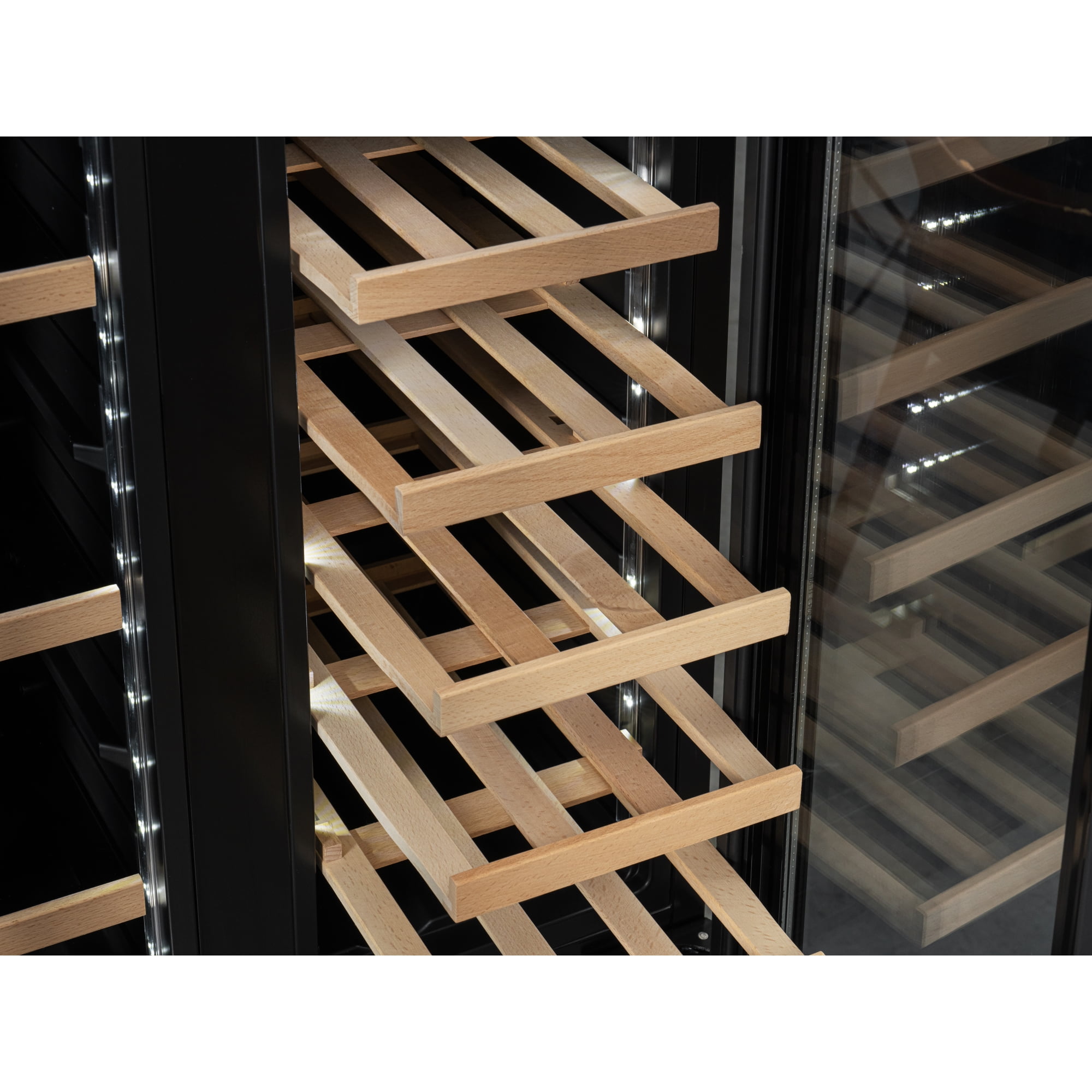 KoolMore Reserve 24 in. French Door Dual Zone Panel Ready Under-Counter Cooler with Wooden Shelves and 20 Bottle Capacity in the Right Zone and 2.1 Cu. Ft. on the Left in Black (KM-CWB24-WPR)