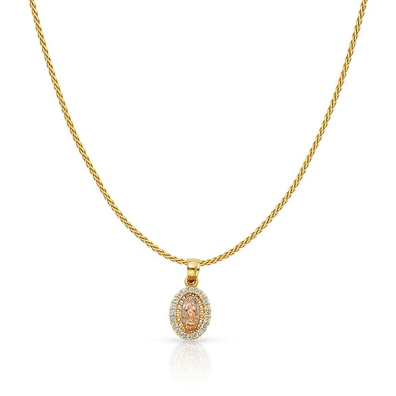 Ioka-14K Yellow Gold Our Lady of Guadalupe Cubic Zirconia CZ Charm Pendant with 0.9mm Wheat Chain Necklace - 16"