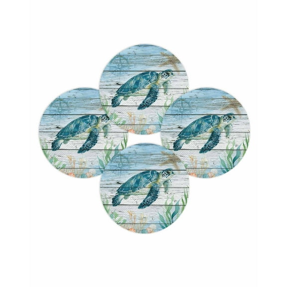 Round Placemats Set of 4 Sea Turtle Place Mats Washable Woven Placemat Marine Life Compass Starfish Blue Wood Circle Braided Table Mat for Kitchen Dining Table Party Home Decor 15 Inch