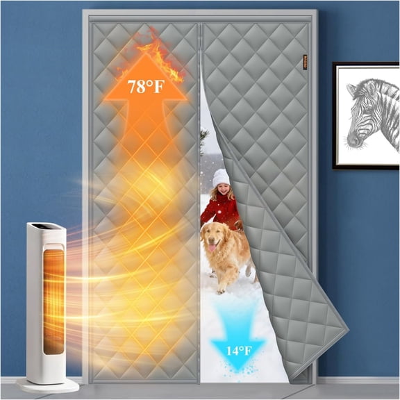 Magnetic Thermal Insulated Door Curtain, 38" x 82", Upgraded Oxford Filled with Thicken Cotton, Weatherproof Insulation Cover Blanket for Winter/Extra-Wide ‌Entry‌ Door, Keep Cold Out, Grey