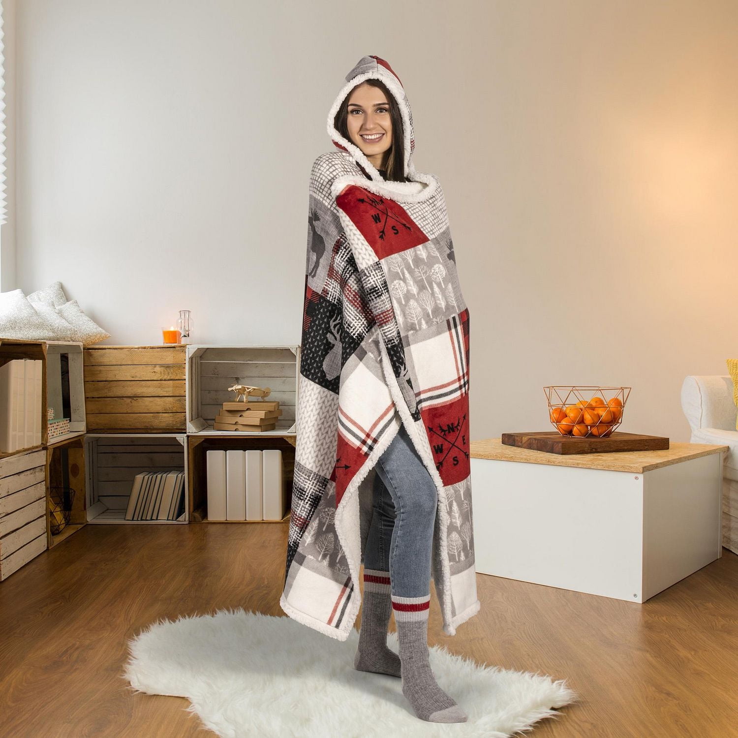 Safdie & Co. Premium Ultra Soft Flannel Hoodzy Hooded Throw Blanket with Sherpa Forest Patchwork