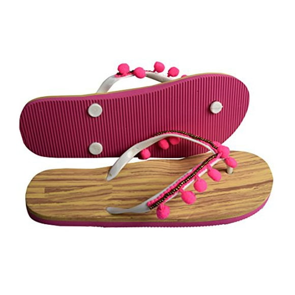 Peach Couture Casual Summer Bright Pom Pom Trim Beach Flip Flop Thong Sandal Pink