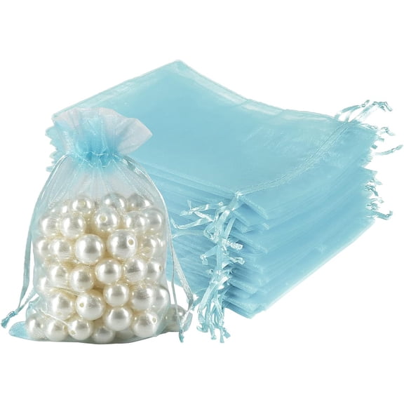 NAMZI 100pcs Organza Bags, 5x7 inch Mesh Drawstring Gift Bags Jewelry Pouches for Christmas Candy Party Favor, Light Blue