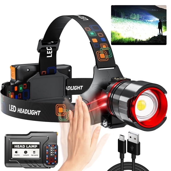 Rechargeable Headlamp 990000High Lumens, Super Bright LED Head Lamp with Motion Sensor, 12 Modes, IPX7 Waterproof, 125° Adjustable, Zoomable Headlight for Adults, Camping, Cycling, Running