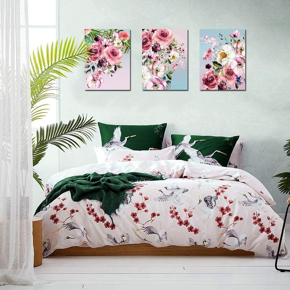 Leye Flower Canvas Wall Art for Bedroom Woman Wall Decor Pink White Flowers Picture 3pcs Framed Artwork Modern Plant Floral Canvas Prints for Kitchen Home Bathroom Girls Room Wall Decoration 12x16"