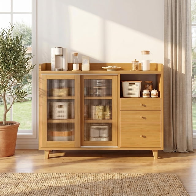 para Cocina, Armario de Cocina, Gabinete de Almacenamiento con 2 Puertas y 3 Cajones, Mueble Aparador para Sala de Estar, Comedor, 100 * 92 * 36cm (Marron Claro)