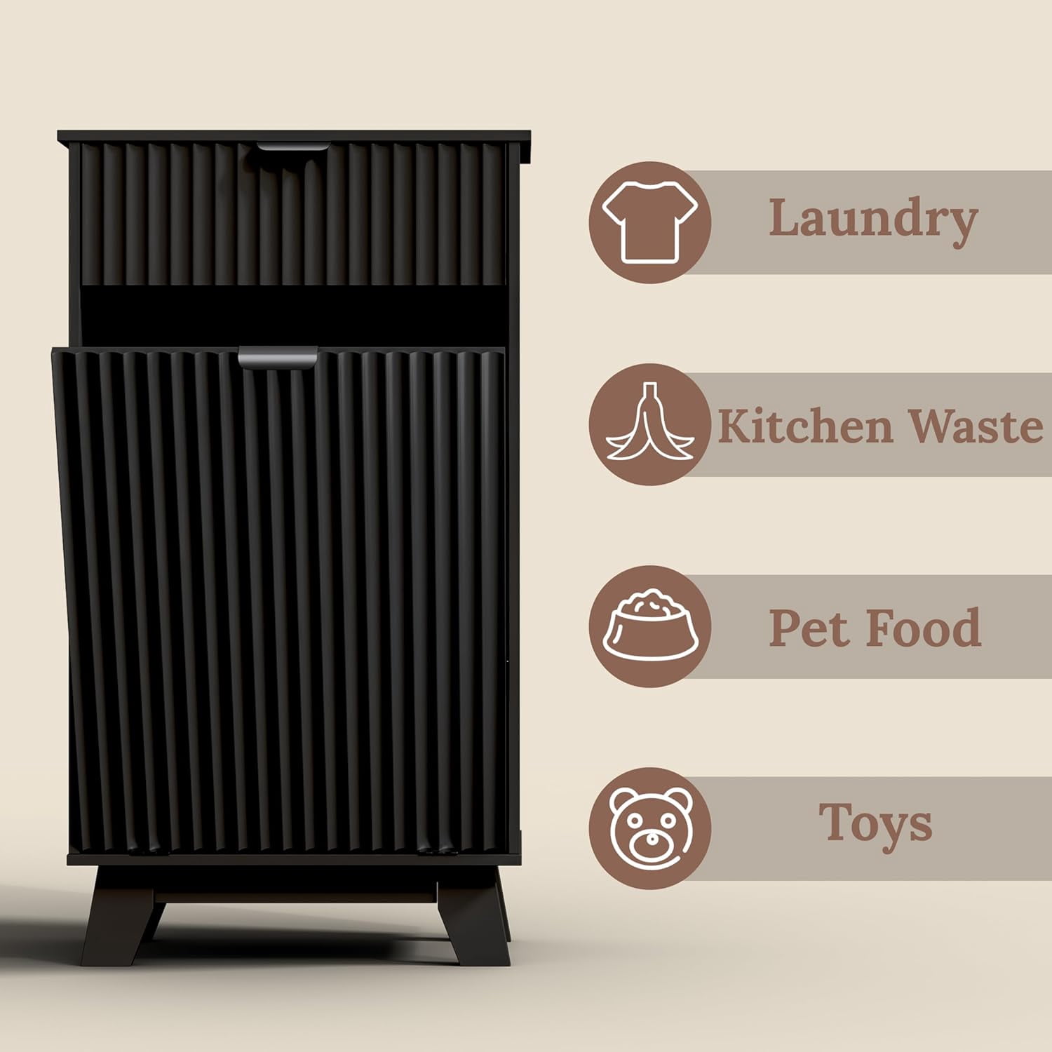 FANRAL Single Tilt Out Laundry Hamper Cabinet,10 Gallon Wooden Hidden Storage Cabinet,Fluted Trash Can for Bathroom Kitchen Living Room,Black Laundry Basket Cabinet