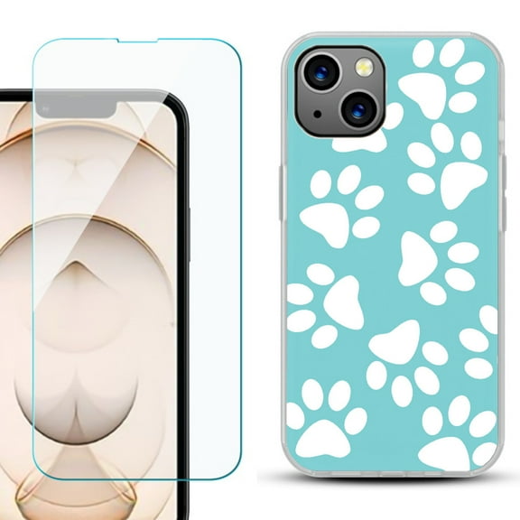 Slim-Fit Flexible TPU Gel Phone Case for iPhone 13, with Tempered Glass Screen Protector, by OneToughShield ® - Pet Paw / Teal