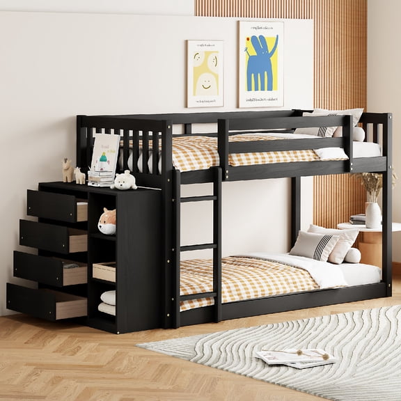 Twin over Twin Bunk Bed Frame with 4 Drawers and 3 Shelves, Modern Wood Bunk Bed with Raised Security Fence and Ladder for Bedroom, Dorm, Apartment,Mattress Not Included, Easr Assembly, Espresso