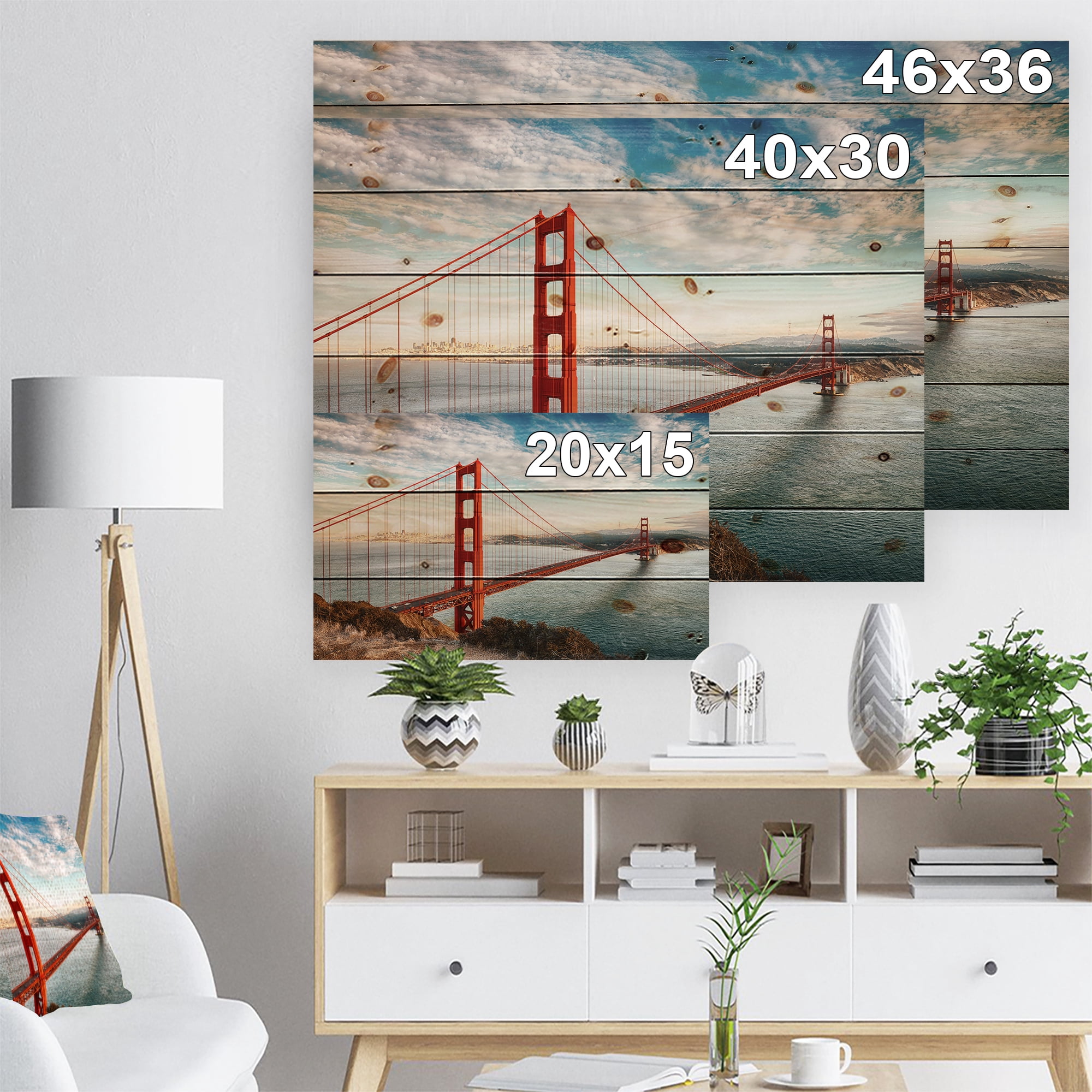 Designart 'Golden Gate Bridge in San Francisco' Sea Bridge Print on Natural Pine Wood