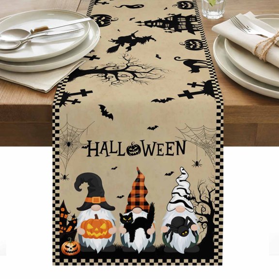 Brown Halloween Table Runner - 72 Inch Long, Kitchen Dining Table Runner Dresser Scarves, Horror Gnomes Pumpkin Black Cat Farmhouse Decor for Coffee Tables Wedding Party Banquet