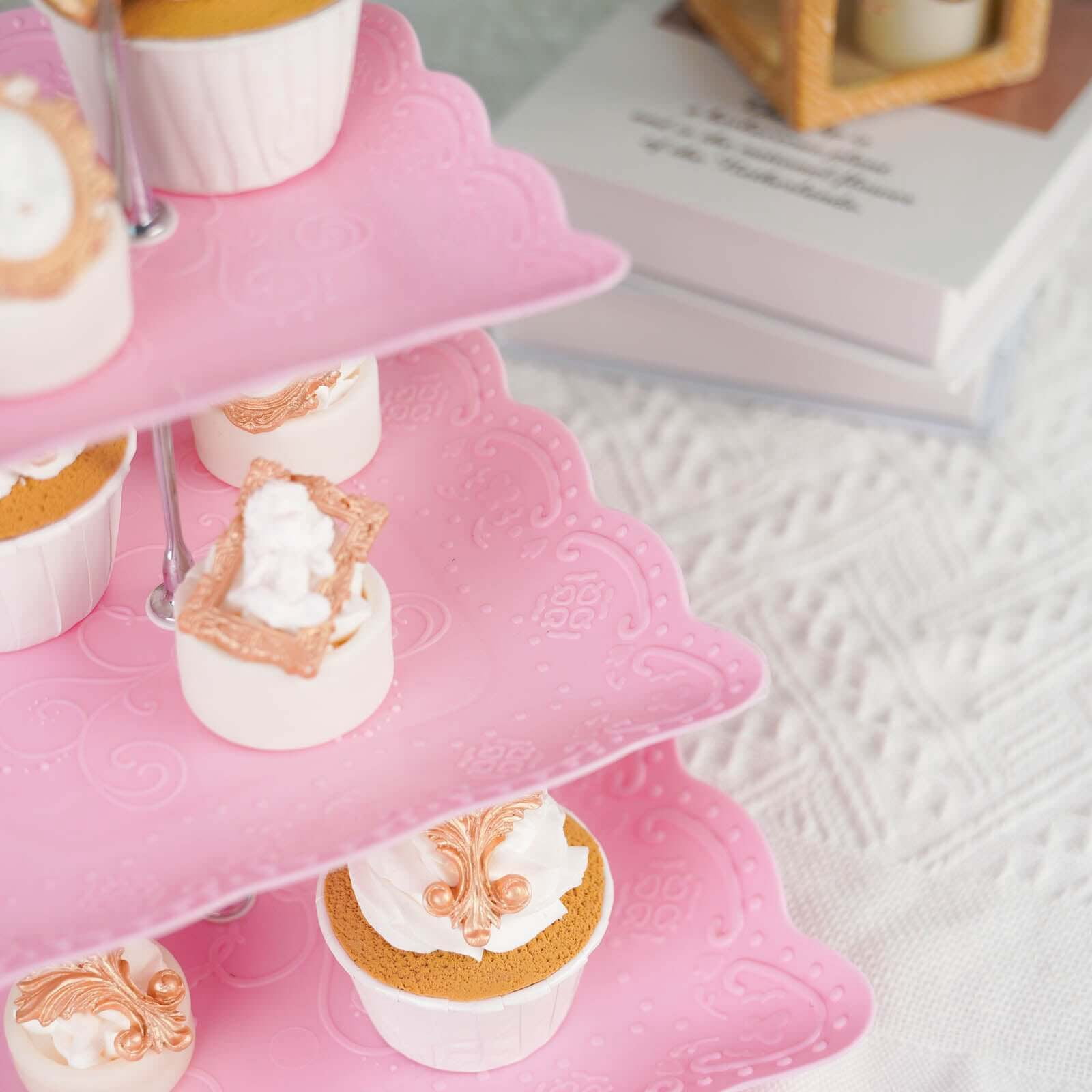 Efavormart 13" | 3 Tier Floral Print Cupcake Stand, Pink Square Dessert Tray Display Holder with Wavy Edges - Plastic