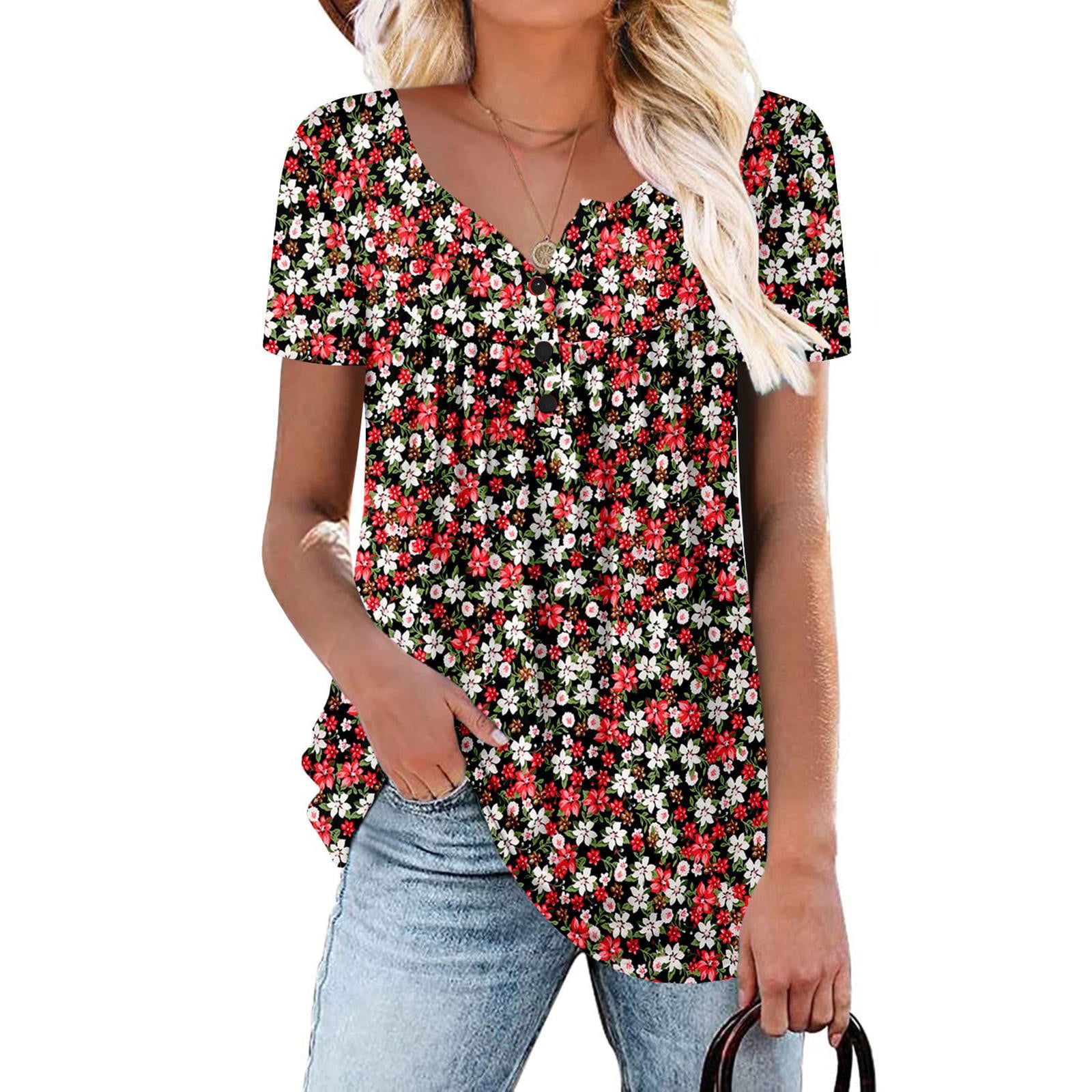 Womens Shirts Dressy Casual Cute Plus Size Tops for Women Gradient Shoulder Shirt V-Neck Buttons Tees Pleasted Loose Short Sleeve Pullover Blusas Casuales de Mujer Bonitas - Walmart.com