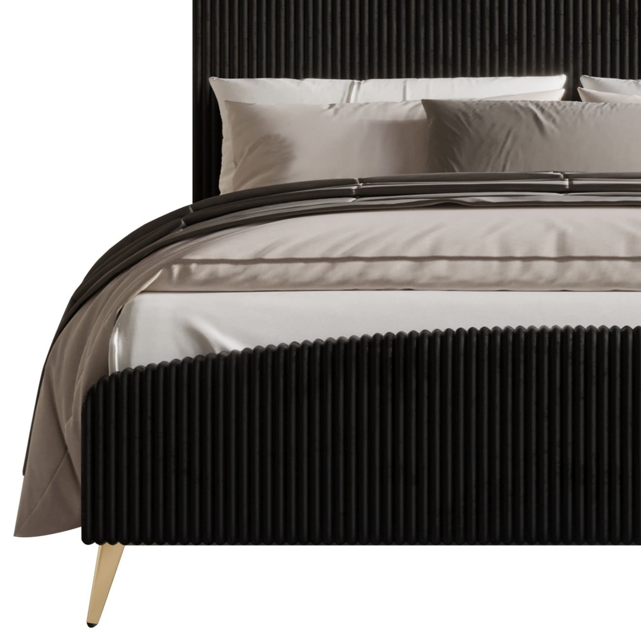 Home Design Everett Full Upholstered Panel Bed Frame with Curve-Shaped Design Headboard For Adult, Black, Easy Assembly