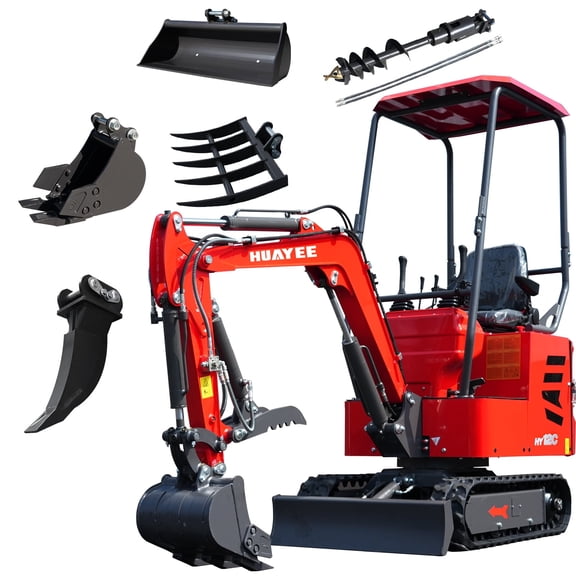 HUAYEE 1.2 Ton Mini Excavator with Ripper, Rake, 31.5in Bucket, 7.87in Bucket & Auger HY12C Small Digger with 13.5 HP EPA Gasoline Engine, Hydraulic Thumb Clamp, In-stock in the US