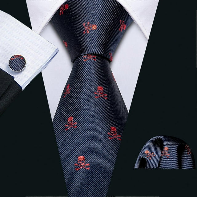 Navy Red Skull Designer Mens Tie Necktie Handkerchief Cufflinks Set Silk Ties For Male Stylish Party Business Gift