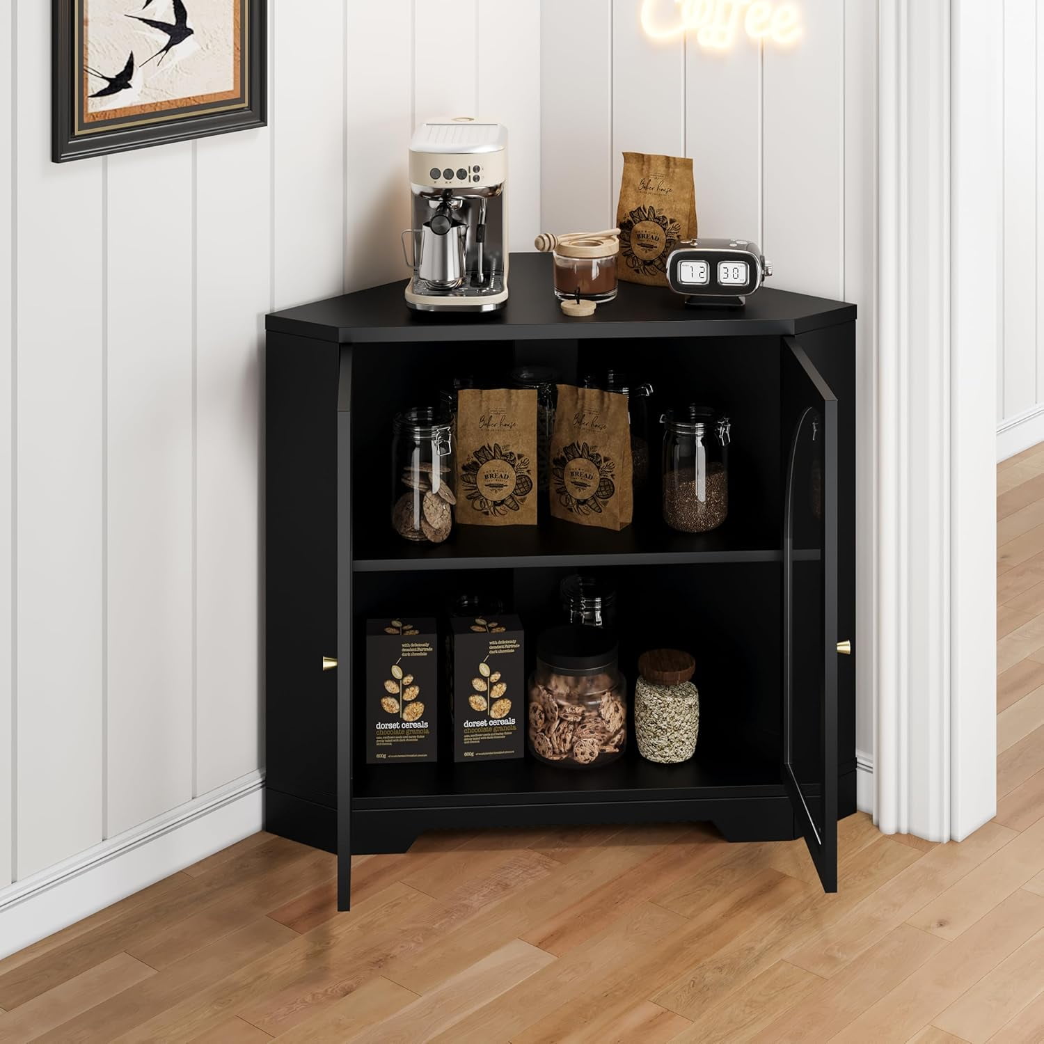 Weselon Modern Small Corner Sideboard Cabinet with 2 Glass Doors and 2 Tier Shelves, 31 Inches