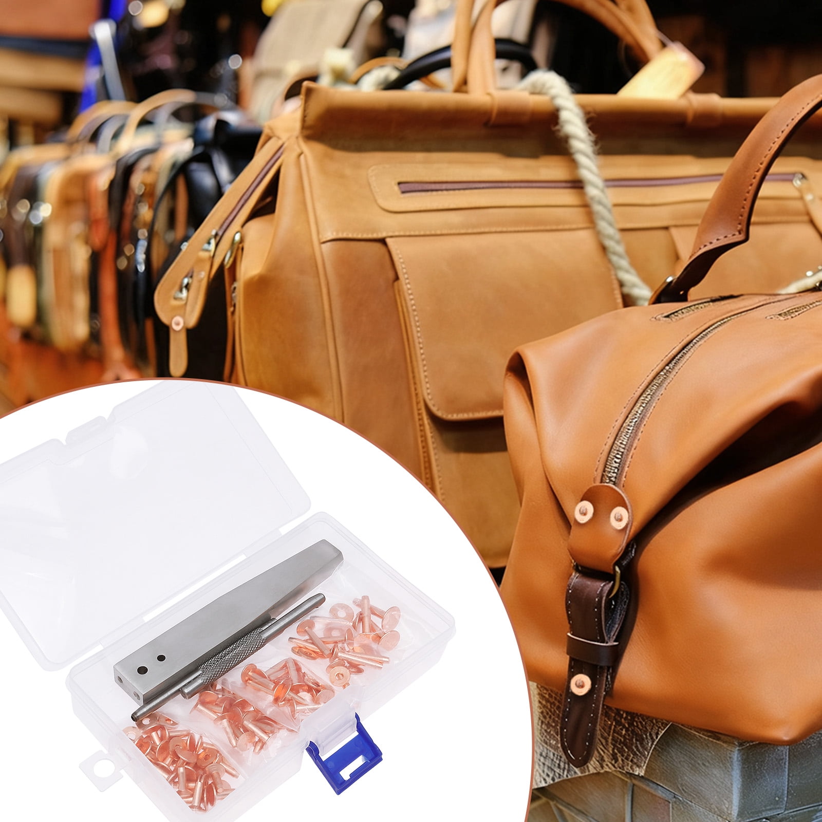 50 Sets Copper Rivet 5 Sizes Leather Rivet with Hole Punches and Washer Setter for Repair and Decorate Belts Handbags Wallets Collars Shoes Clothing Bracelets