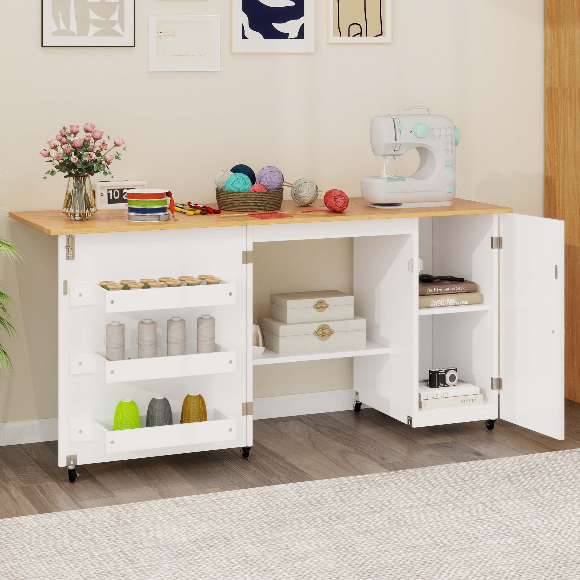 Uforic Folding Sewing Table with Charging Station, Storage Shelves & Lockable Wheels, White & Oak for Home or Craft Rooms