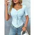 thumbnail image 5 of Women'S Solid Color Casual Short Sleeves Pullover Slim Pleated Short Top Comfort Drawstring Tops Light Blue XL, 5 of 7