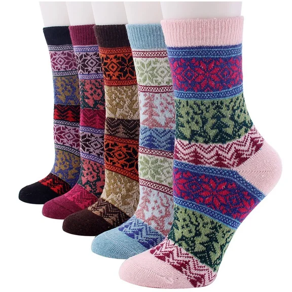 LEZMORE 5 Pairs Women's Wool Socks Gift Winter Warm Thickened Knit Comfortable Cozy Crew Socks, Womens Vintage Socks, 6-10