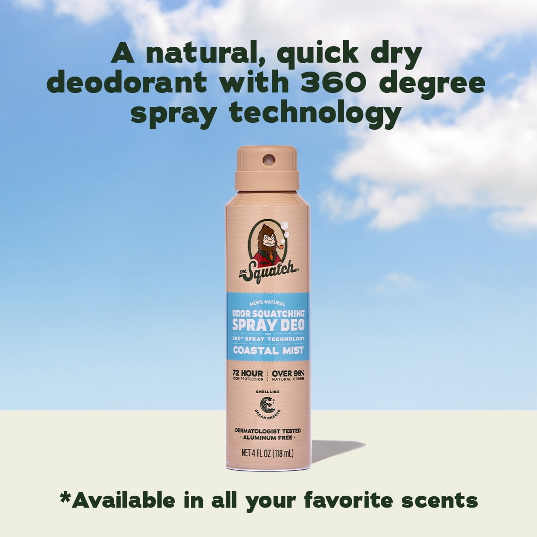Dr. Squatch Mens Spray Deodorant, Natural Aluminum Free Deodorant for Men, Coastal Mist, 4 fl Oz