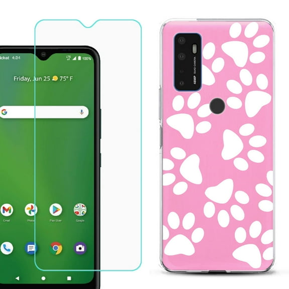 Shockproof Bumper Phone Case for AT&T Radiant Max 5G / Fusion 5G, with Tempered Glass Screen Protector, by OneToughShield ® - Pet Paw/ Pink