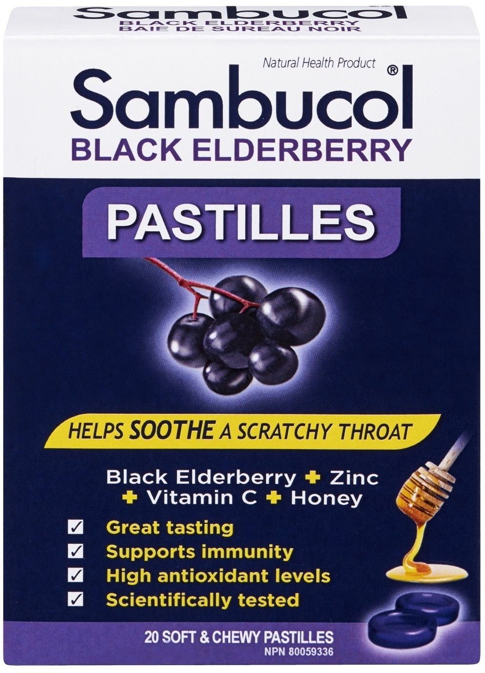Sambucol Black Elderberry Pastilles Original Formula + Vitamin C + Zinc 20 ea