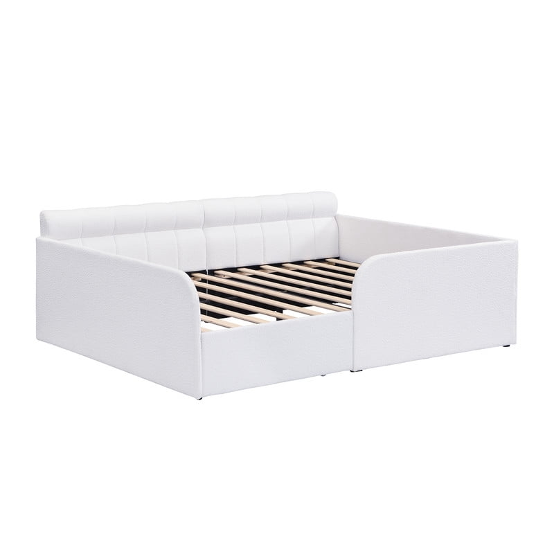 Full Size Boucle Daybed with Metal Drawer on Wheels, Storage Platform Bed Frame with Guardrails, Upholstered Low Profile Bed