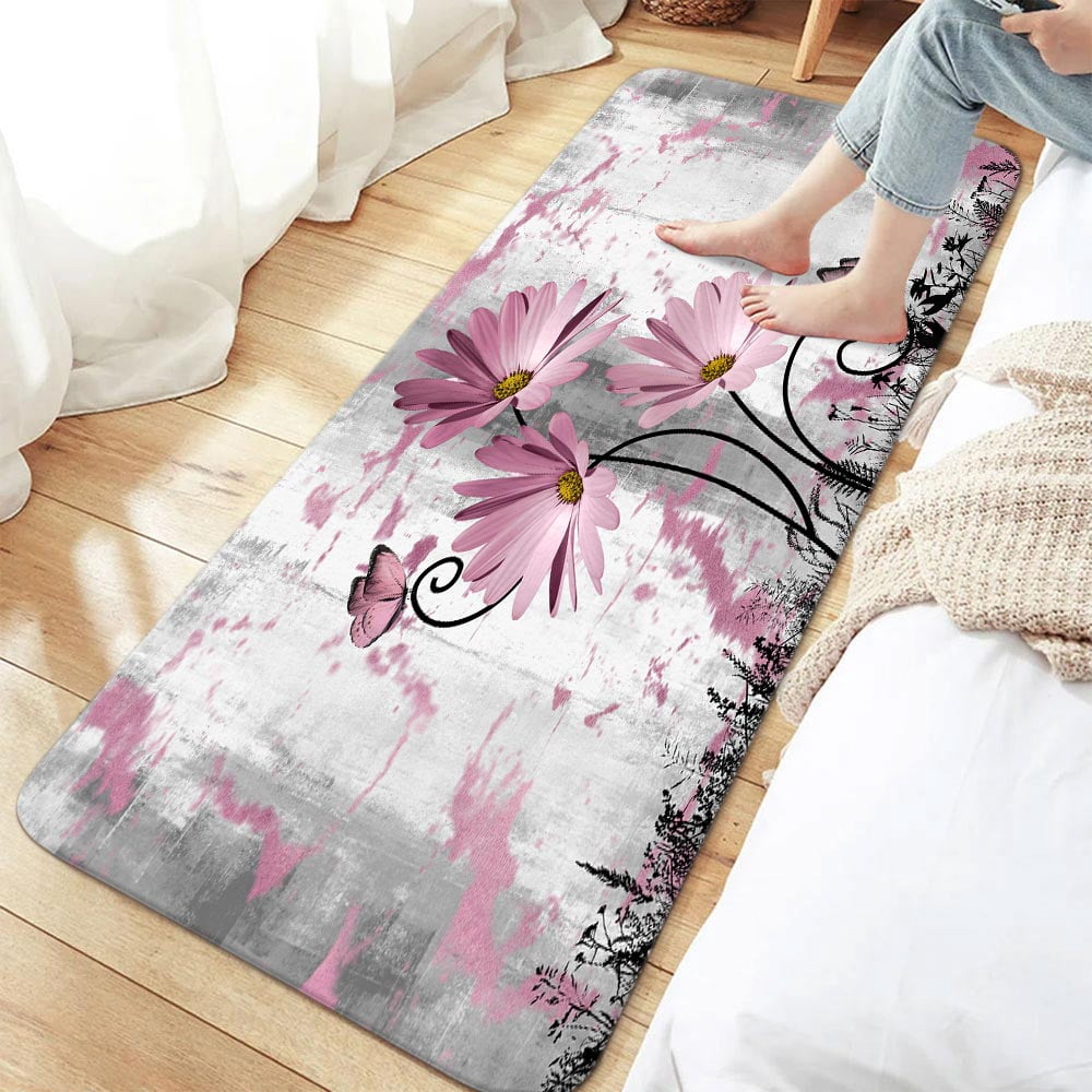 Rustic Farmhouse Bath Rug, Farm Pink Grey Daisy Floral Flowers and Butterfly on Country Wooden Bath Mat, Gray White Kitchen Rug Floor Mat Soft Non Slip Runner Carpet Indoor Doormat 17X48IN