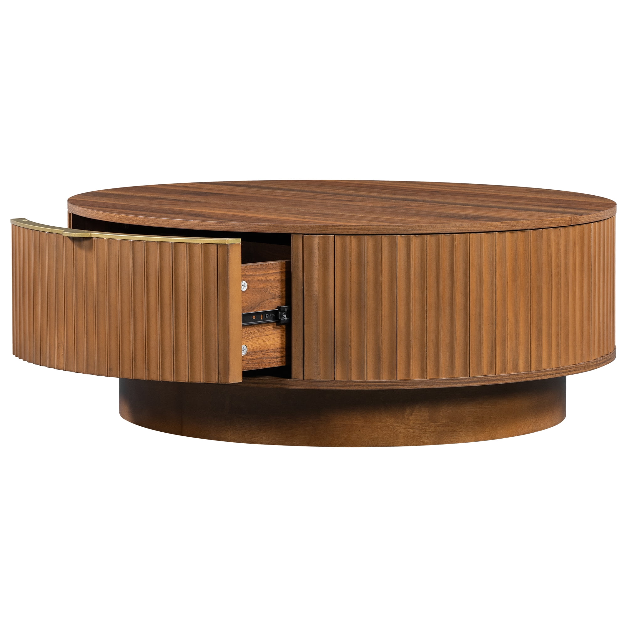 Leumius Round Coffee Table with Storage Drawer, Modern Fluted Coffee Table with Golden Handle, Wood Center Table for Living Room Brown