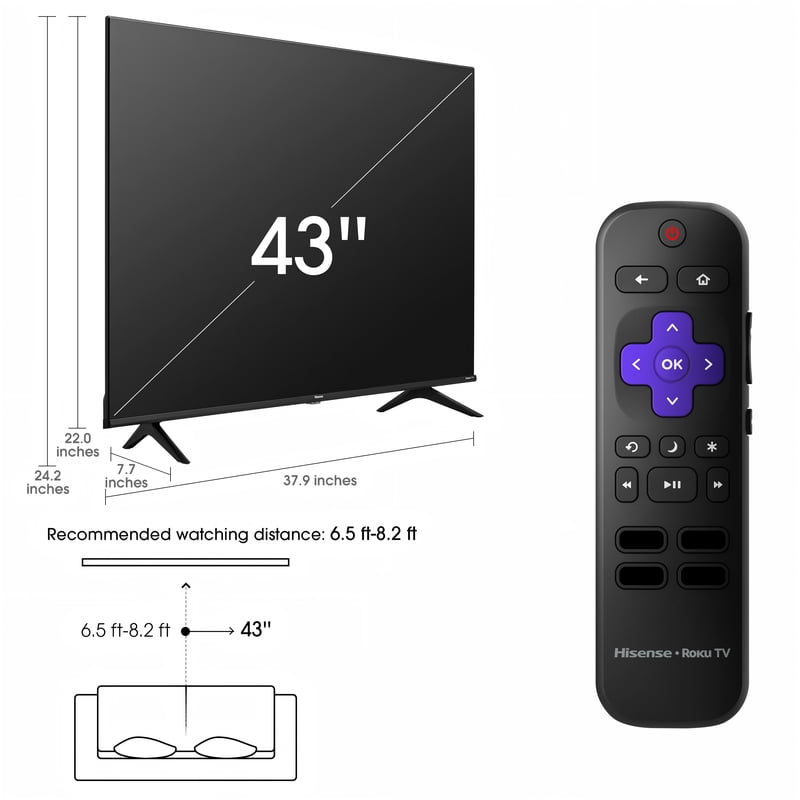 Hisense 43" Class 4K UHD LED LCD Smart Roku TV HDR R6 Series 43R6E3 front and back view