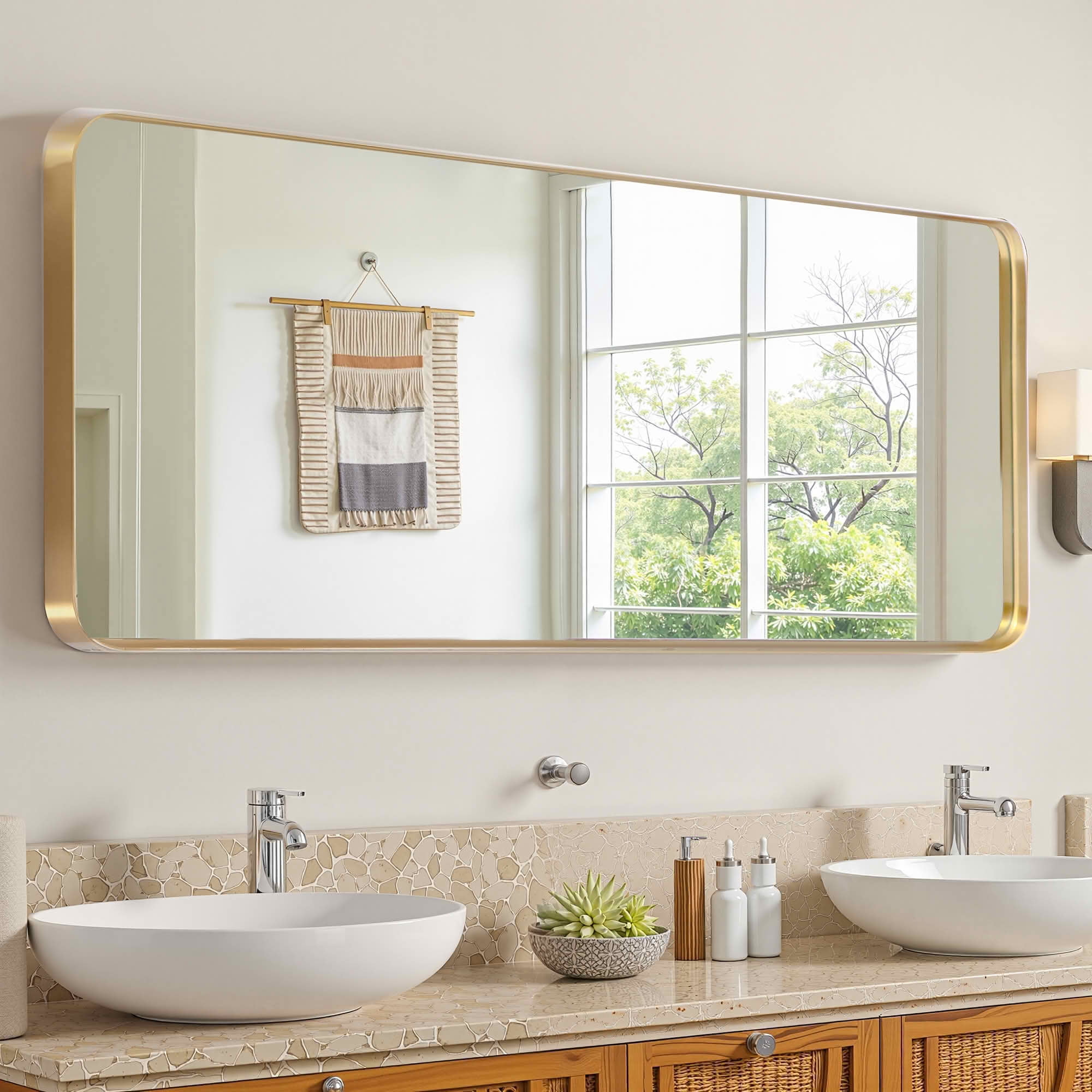 MAYEERTY 64x21x2 Inch Gold Imitation Electroplated Aluminum Round Corner Rectangular Full Length Mirror, Deep, No Stand for Bedroom