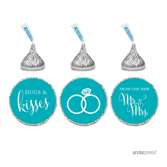 Koyal Wholesale Chocolate Drop Labels Stickers, Wedding Hugs & Kisses from the New Mr. & Mrs., Aqua, 216-Pack