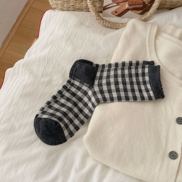 Nvzi 2 pares de calcetines grises a cuadros estilo campestre, calcetines retro con lazo estampado, calcetines de cuello redondo modernos y bonitos para mujer, talla única.