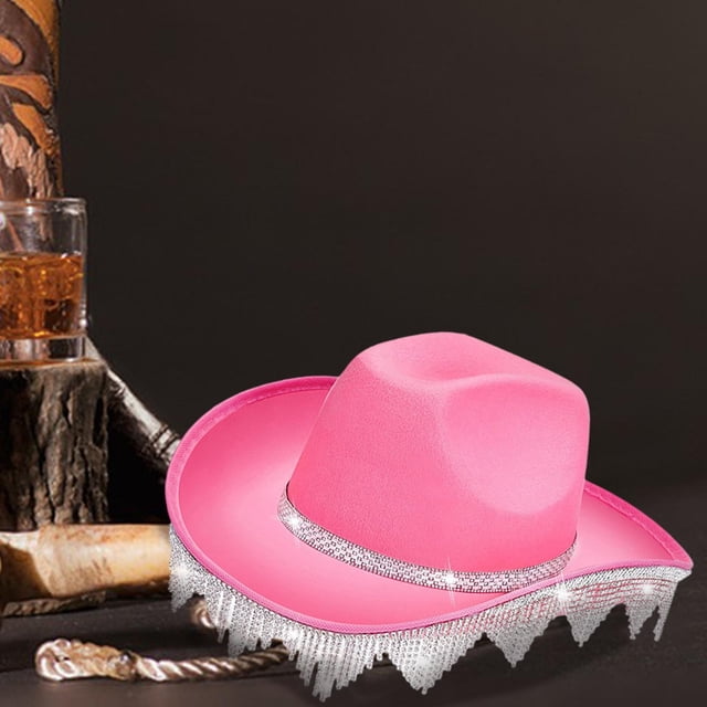 Sombrero de vaquero con borlas y diamantes de imitación occidentales, gorro de Jazz versátil para caballero, accesorios de vestir, carnavales, playa Rosa