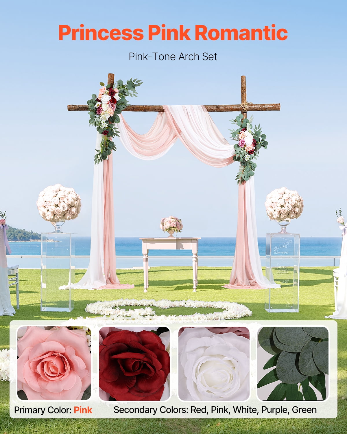 VEVOR Artificial Wedding Arch Flowers Kit, Pink Wedding Arch Flowers with Drapes Kit (Pack of 4) - 2 Pcs Floral Arrangement, 2 Pcs Sheer Drapes, for Ceremony Bouquets Reception Backdrop Decoration