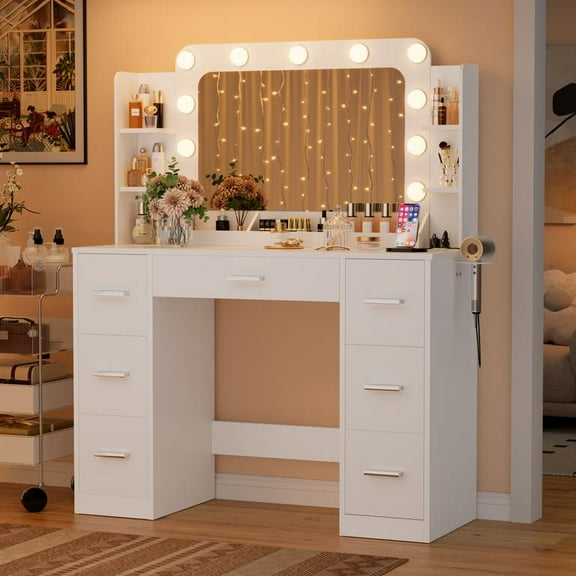 Lacoo Vanity Desk with Mirror & Lights, Makeup Vanity Set with 7 Drawers & Shelves, Vanity Table for Bedroom, White