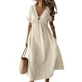 thumbnail image 1 of Robe d'Été pour Femmes Manches Courtes Décontractées Nœud Papillon Col en V Volants Midi Robes Fluides Abricot m, 1 of 10
