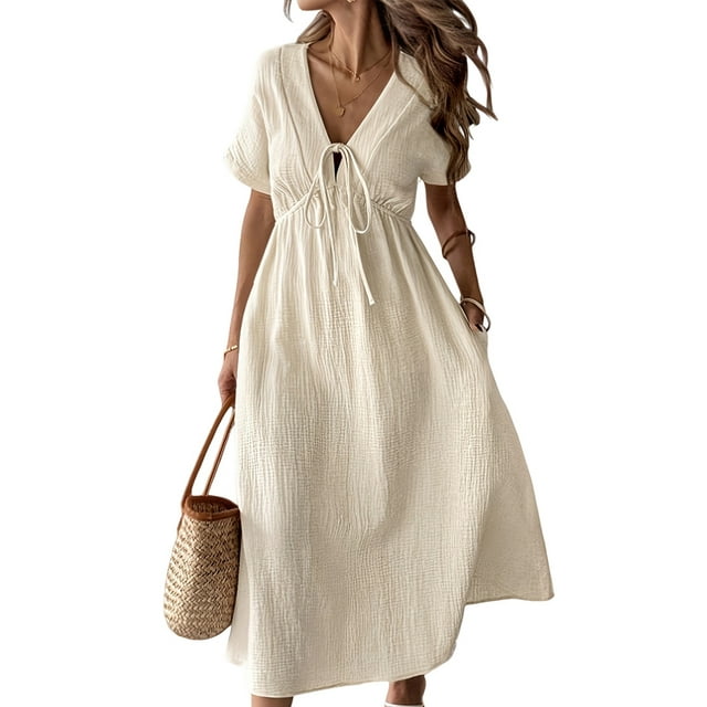 Robe d'Été pour Femmes Manches Courtes Décontractées Nœud Papillon Col en V Volants Midi Robes Fluides Abricot m