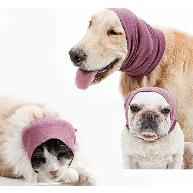 Capucha para perros para aliviar y calmar la ansiedad, protección para los oídos de mascotas para el cuidado y secado, manguito con reducción de ruido, color morado, 25-40 mm, 2 unidades