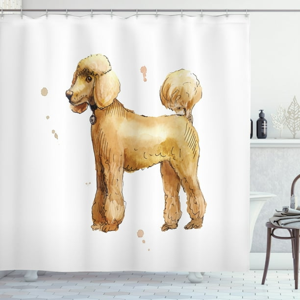 Poodle Shower Curtain Cartoon Style Of A Side Shot Standing On 4 Feet Fabric Bathroom Set With Hooks 69w X 84l Inches Extra Long Pastel Brown Umber Dark Yellow White By Poodle Shower Curtain Cartoon Style Of, Poodle Shower Curtain Hooks