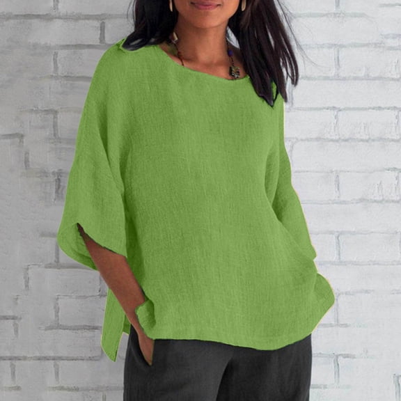 Blmnix Women's Blouses Oversized Raglan Linen Shirts Tops Green Crew Neck Elbow-Length Womens Shirts Dressy Casual,S