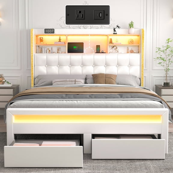 SIBEDS Bed Frame with Bookcase Storage Headboard and 2 Drawers PU White Upholstered Tufted Wingback Beds, Queen