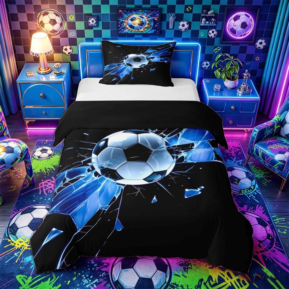 Castle Fairy Soccer Print Twin Duvet Cover, Abstract Grid Twin Bedding, Black Blue,Black Reversible,2pcs,1 Duvet Cover and 1 Pillowcase