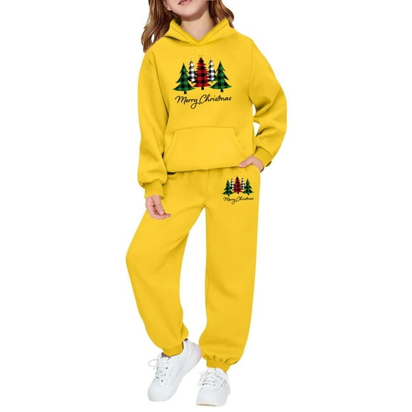 PMVFHDE Girls 2 Piece Long Sleeve Set Soft Graphic Print Top and Jogger Pants for Holiday Party Festive Family Matching Outfits Toddler Youth Seasonal Wear Yellow,13-14 Years
