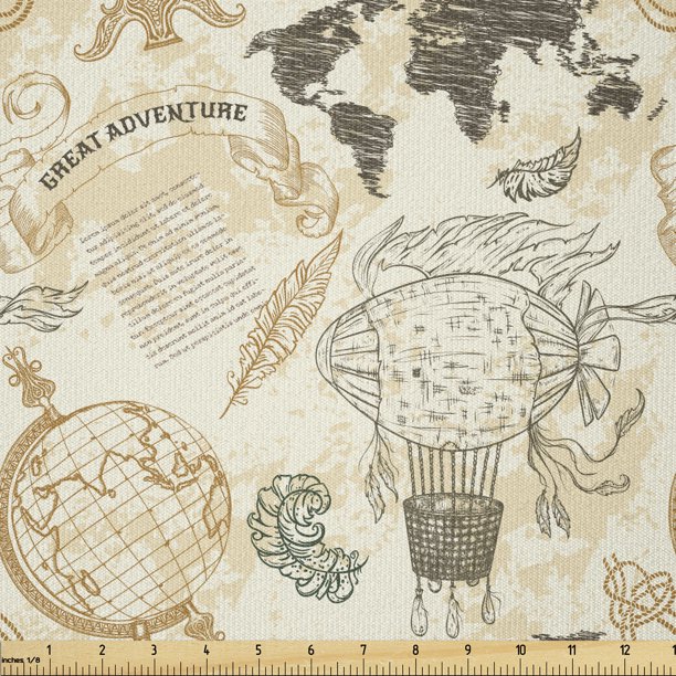World Map Fabric by The Yard, Pattern Vintage Globe Atlas Theme Airship