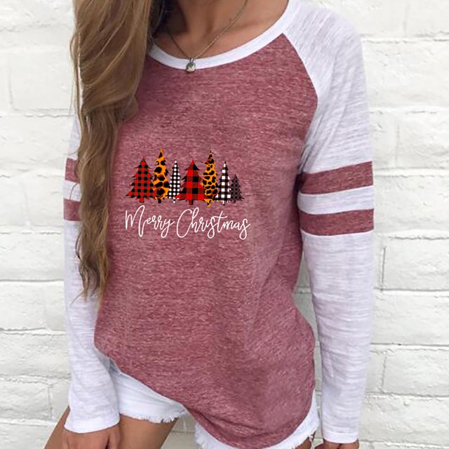 T-shirts Surdimensionnés pour Femmes Imprimé Patchwork Col Rond T-Shirt Décontracté de Noël Blouse Hauts pour Femmes en Liquidation